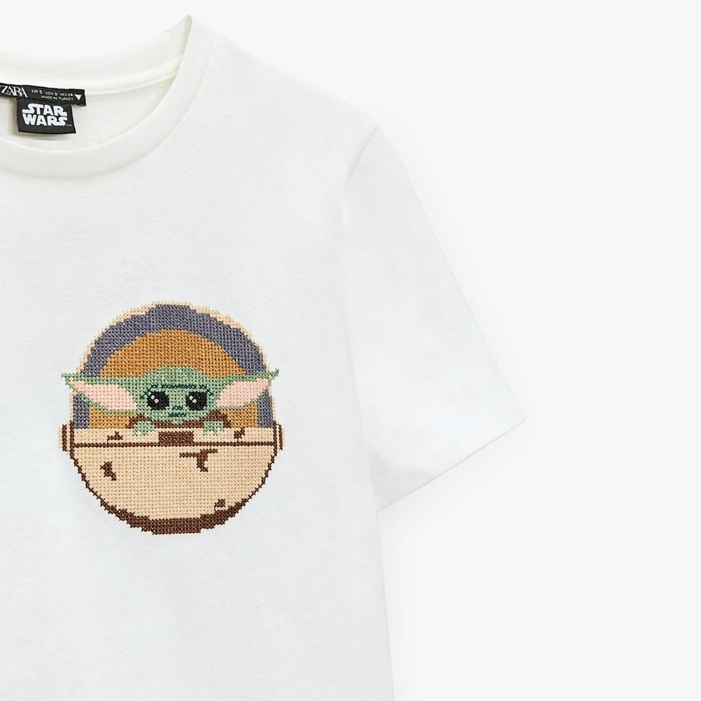NEW Zara x STAR WARS Cross Stitch Mandalorian White Cotton T-Shirt Size S